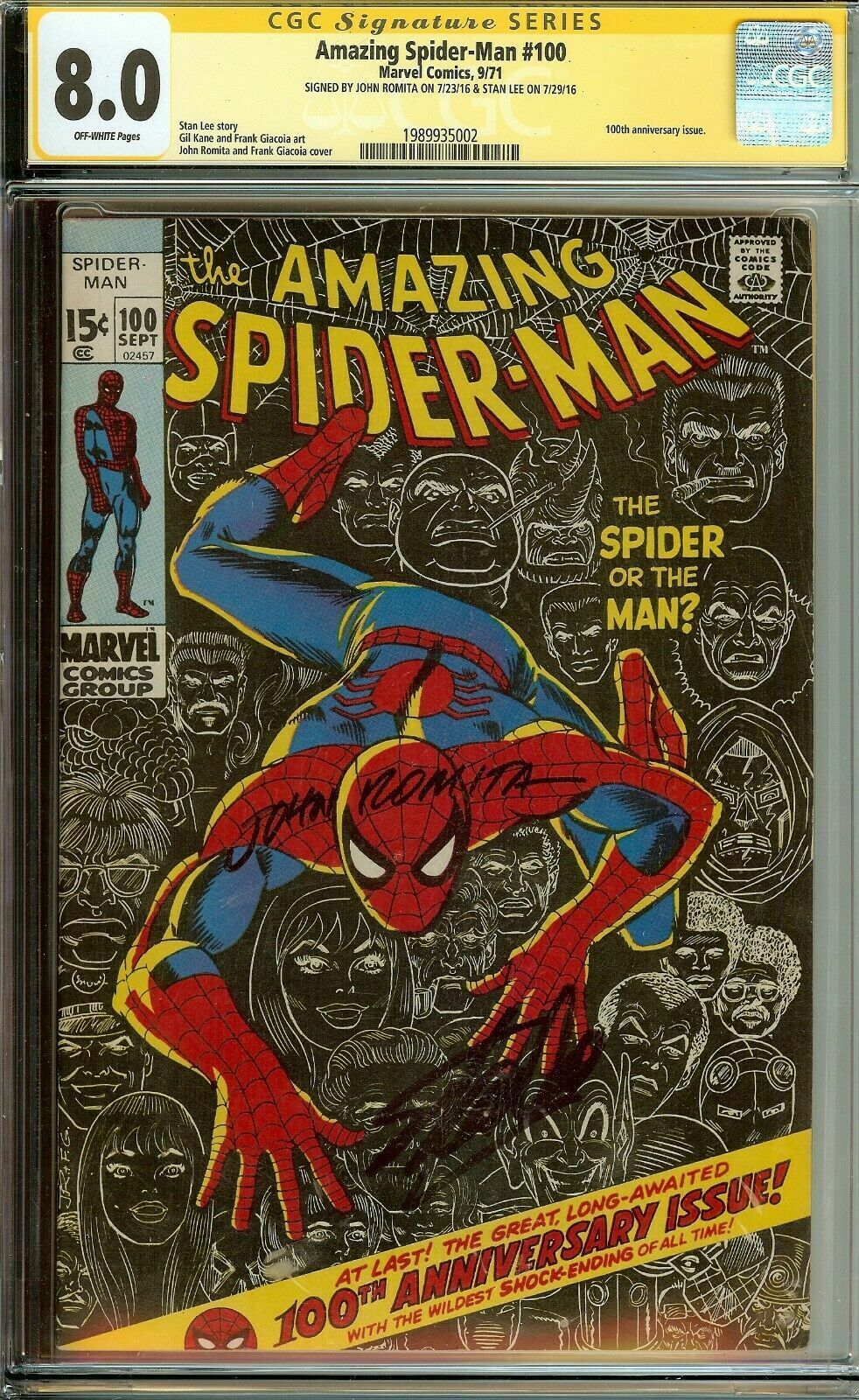 Amazing Spider-Man #100 Signed Stan Lee & John Romita CGC 8.0