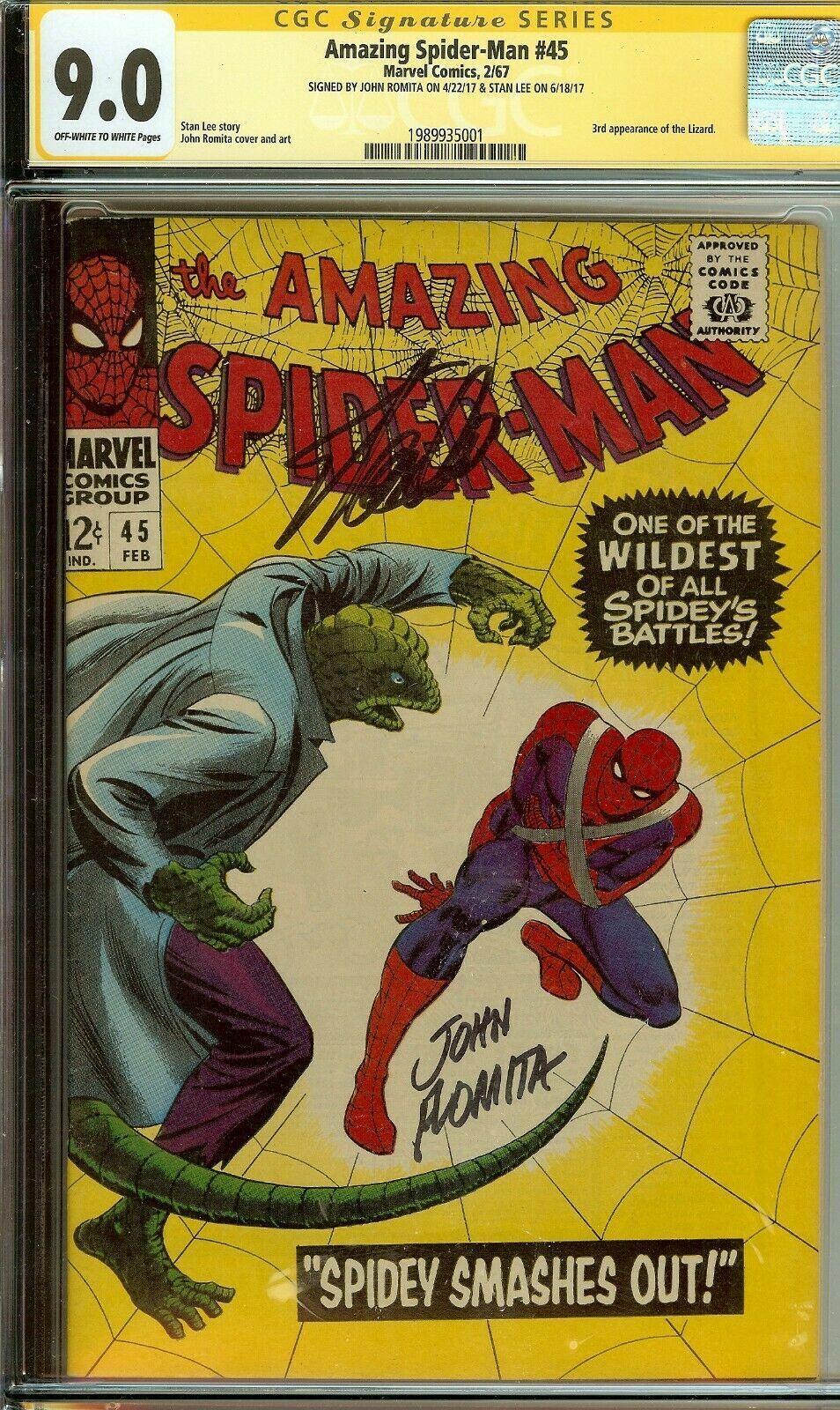 Amazing Spider-Man #45 Signed Stan Lee & John Romita CGC 9.0