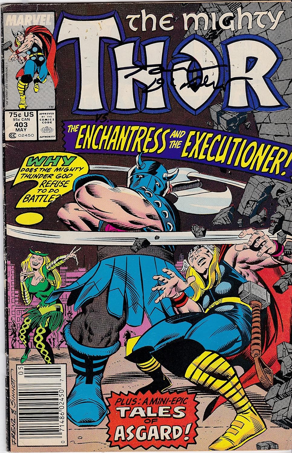 Autographed The Mighty Thor #403 FINE/VF. Signed Tom Defalco