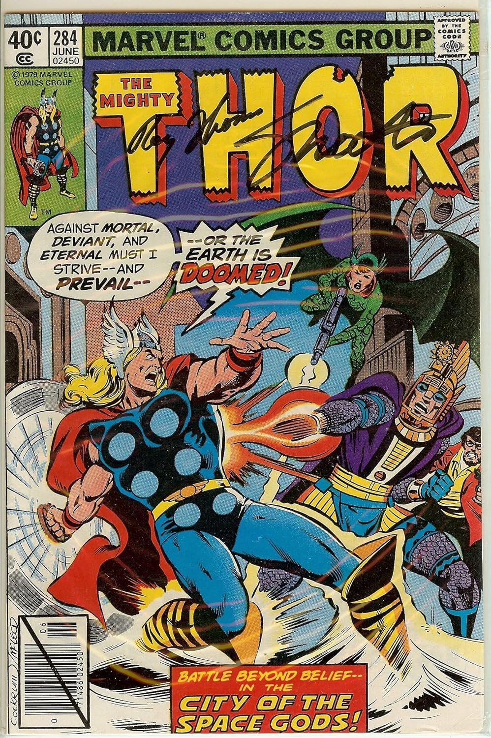 Autographed The Mighty Thor #284 VF/NM. Signed Jim Shooter Roy Thomas