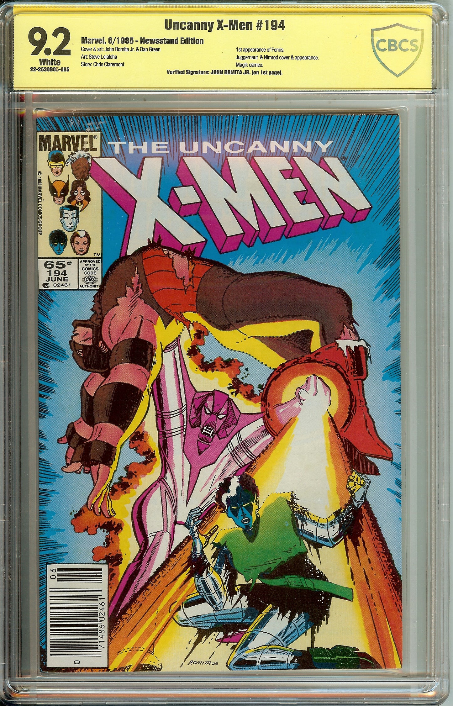 Uncanny X-Men #194 Newsstand Edition CBCS 9.2 Signed on 1st Page John Romita JR