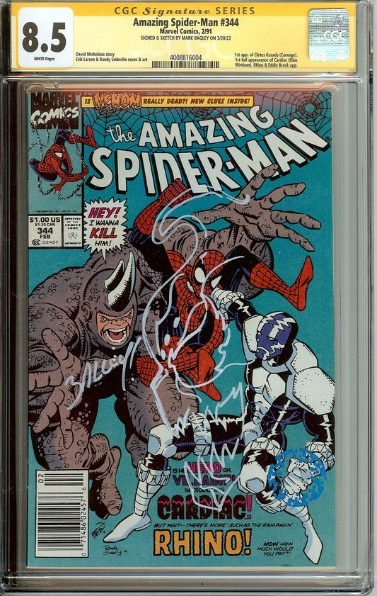 Amazing Spider-Man #344 1st Cletus Kasady CGC 8.5 Signed & Sketched Mark Bagley