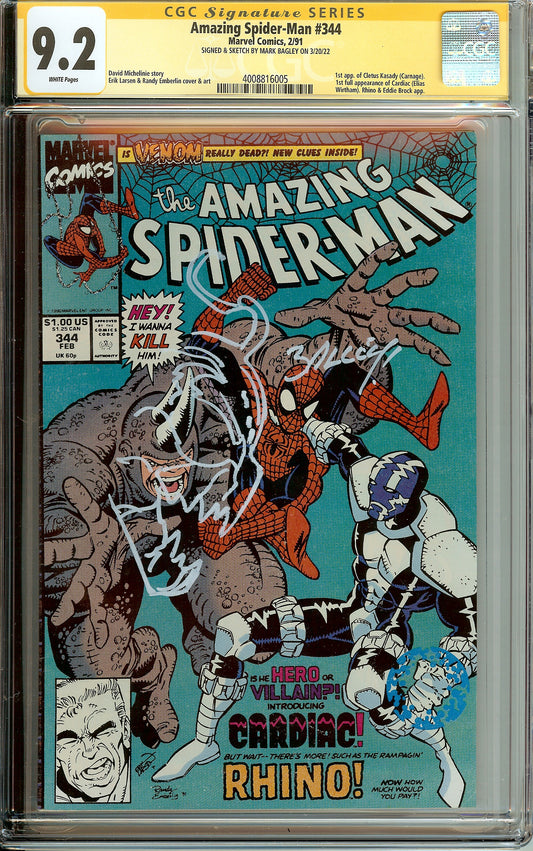 Amazing Spider-Man #344 1st Cletus Kasady CGC 9.2 Signed & Sketched Mark Bagley