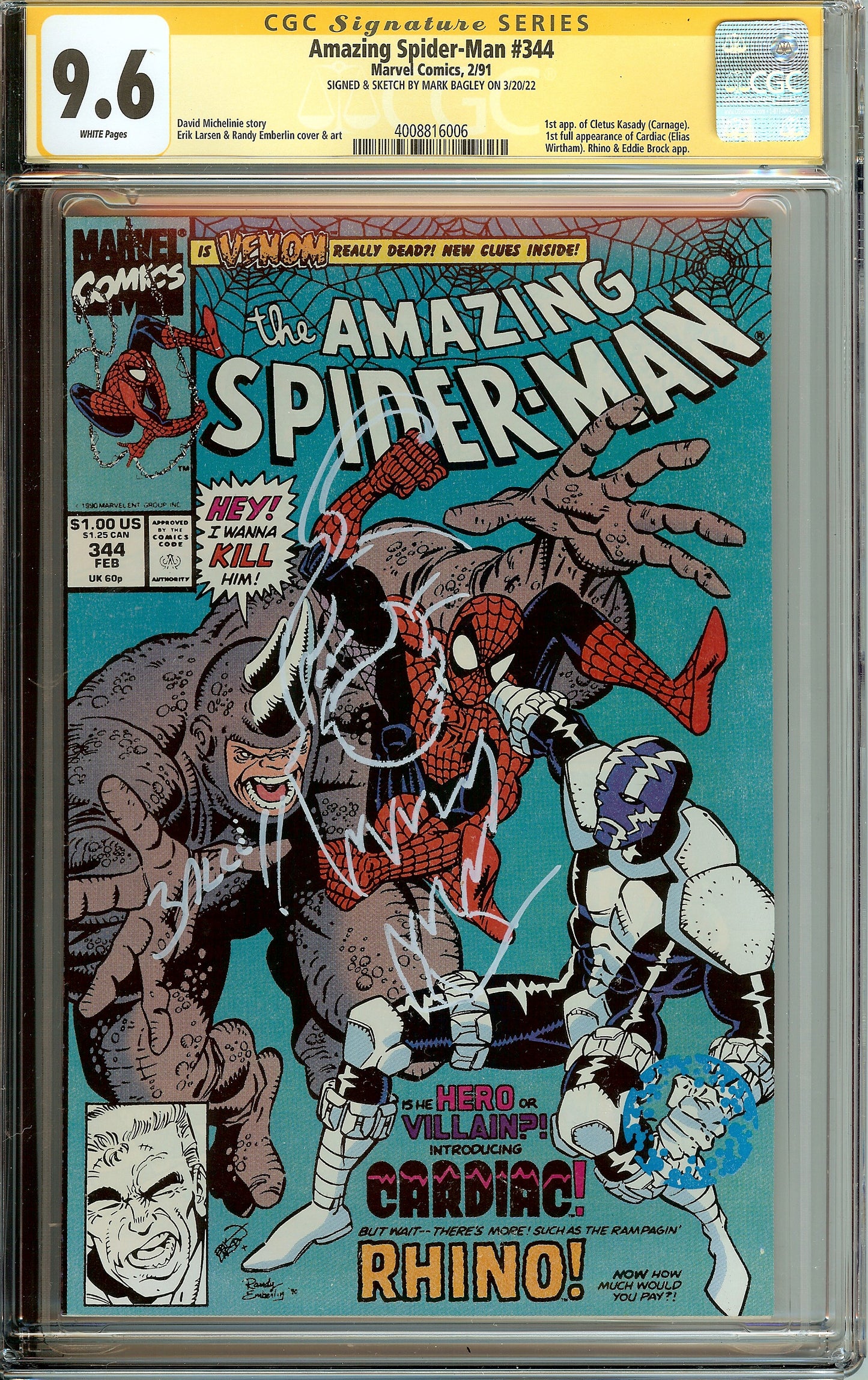 Amazing Spider-Man #344 1st Cletus Kasady CGC 9.6 Signed & Sketched Mark Bagley