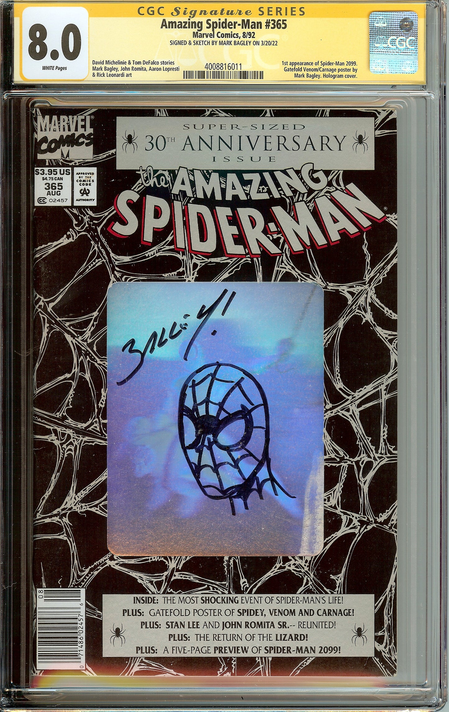 Amazing Spider-Man #365 1st Spider-Man 2099 CGC 8.0 Signed & Remark Mark Bagley