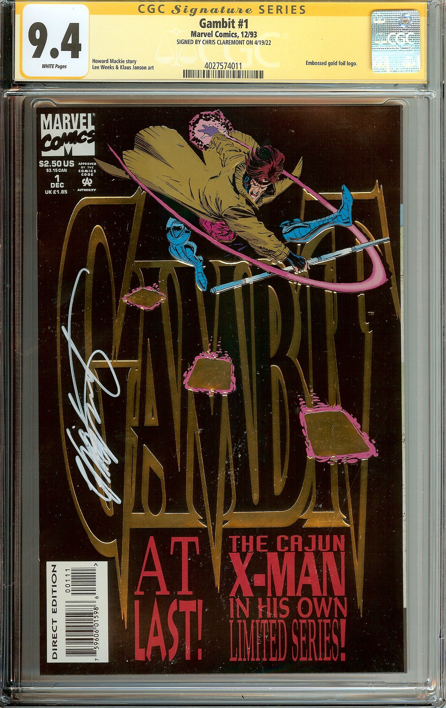 Gambit #1 CGC 9.4 Signed Chris Claremont