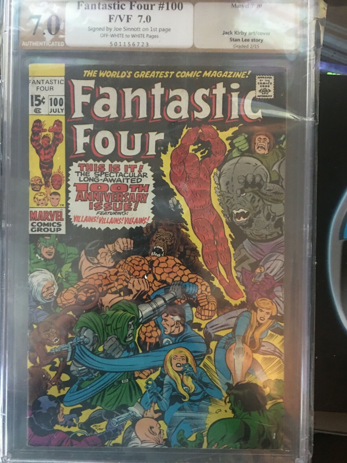 Fantastic Four #100 PGX  7.0 Signed Joe Sinnott (inside cover)