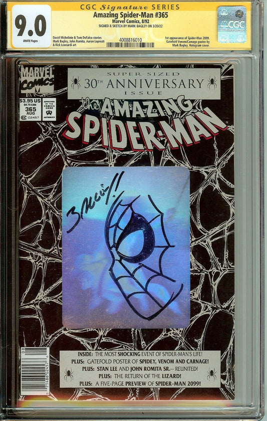 Amazing Spider-Man #365 1st App Spider-Man 2099 Signed Bagley CGC 9.0