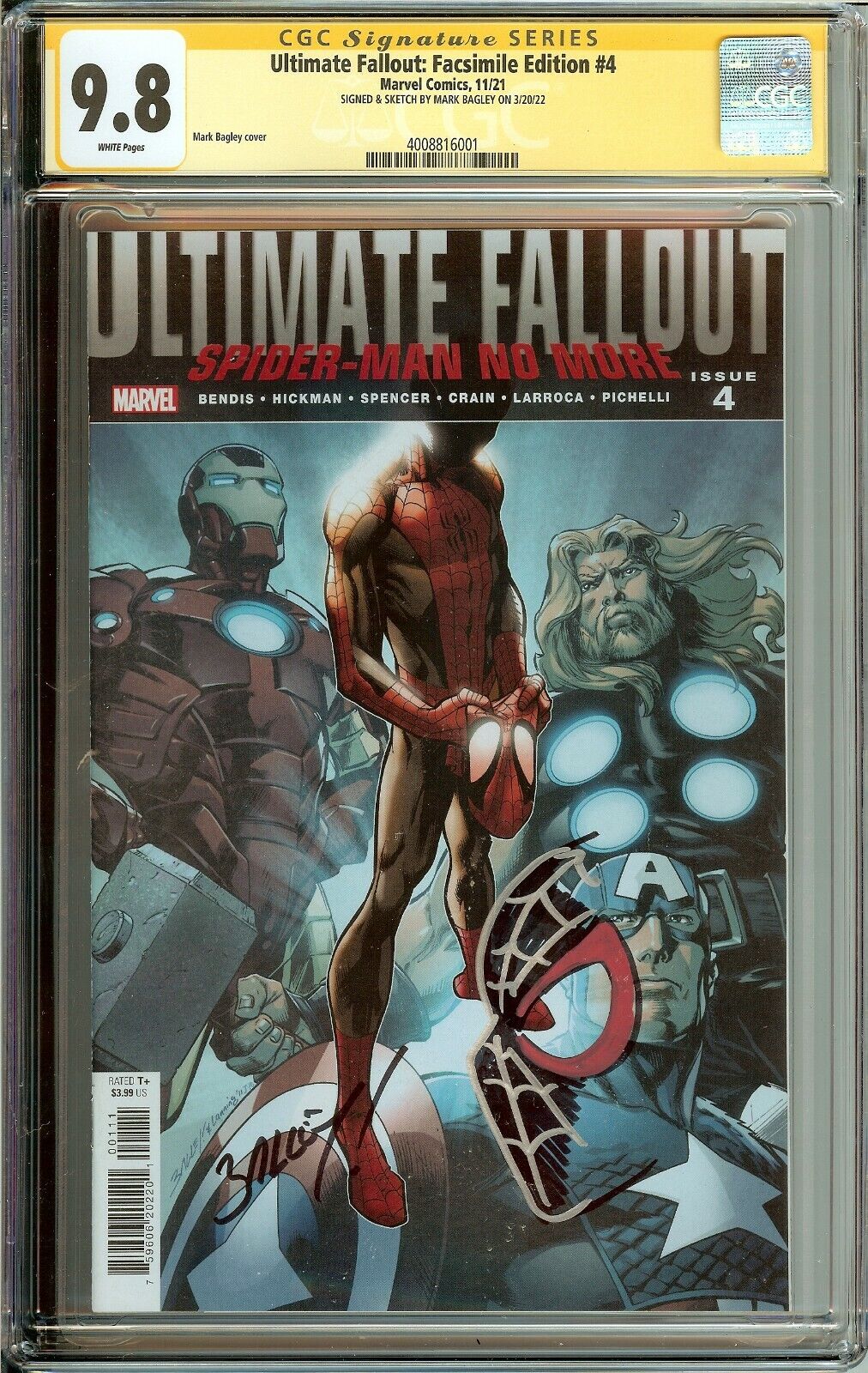 Ultimate Fallout Facsimile Edition #4 1st Miles Morales Signed Bagley CGC 9.8