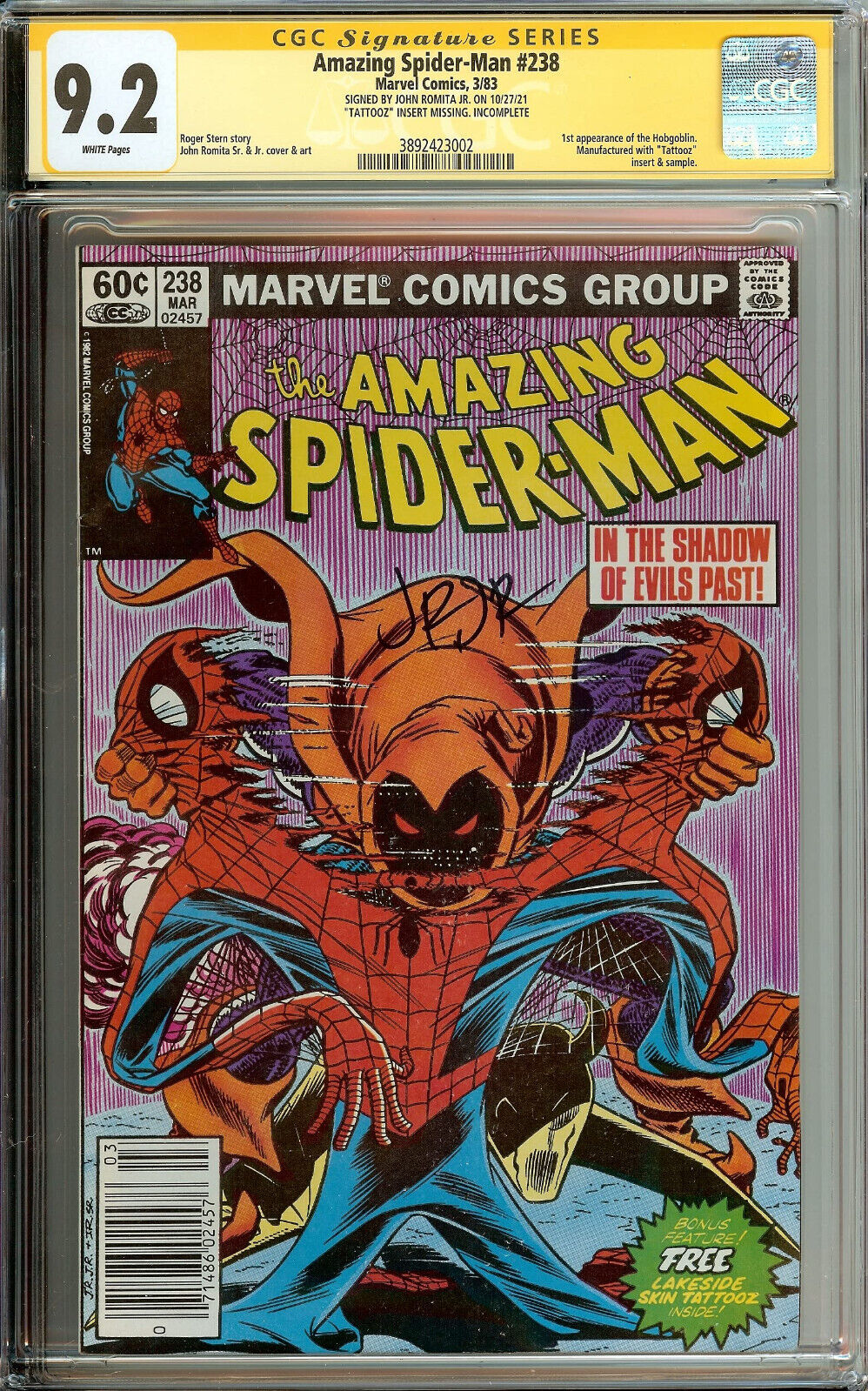 Amazing Spider-Man #238 CGC 9.2 Signed John Romita JR 1st Hobgoblin NO Tattooz