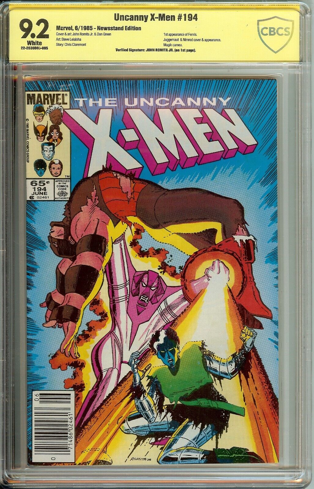 Uncanny X-Men #194 Signed John Romita JR CBCS 9.2 Verified