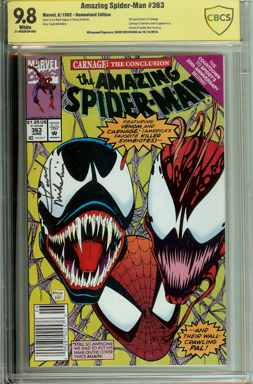 Amazing Spider-Man #363 CBCS 9.8 Signed David Michelinie NEWSSTAND