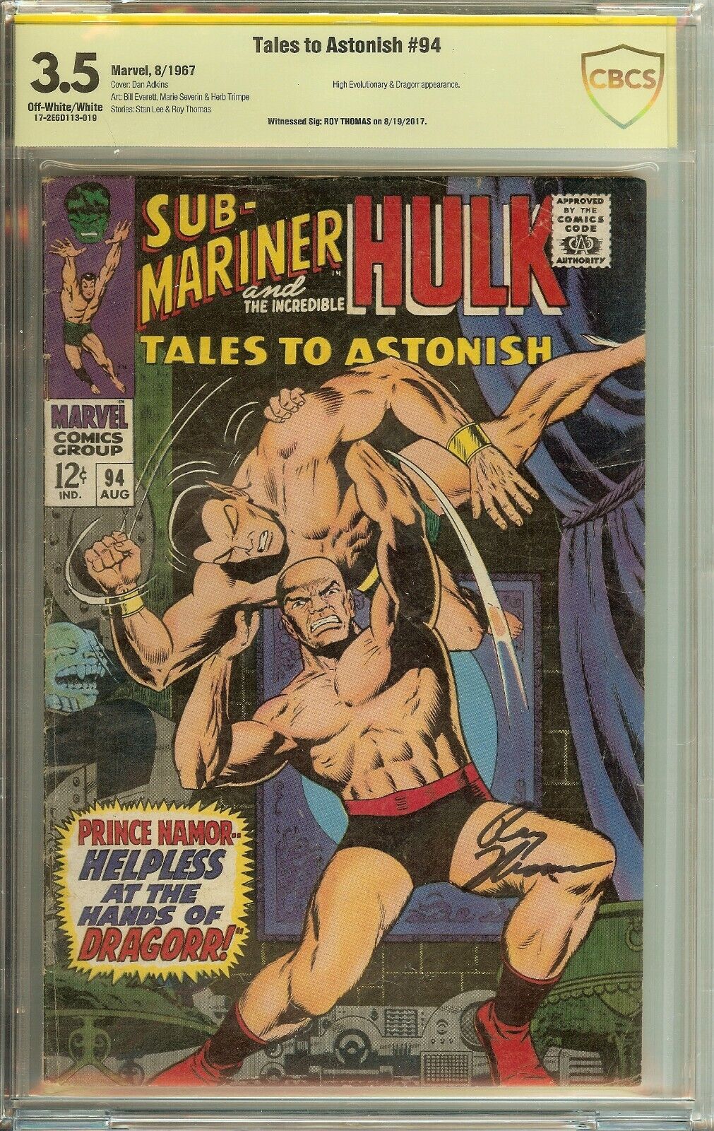 Tales to Astonish #94 CBCS 3.5 Signed Roy Thomas Hulk & Sub-Mariner