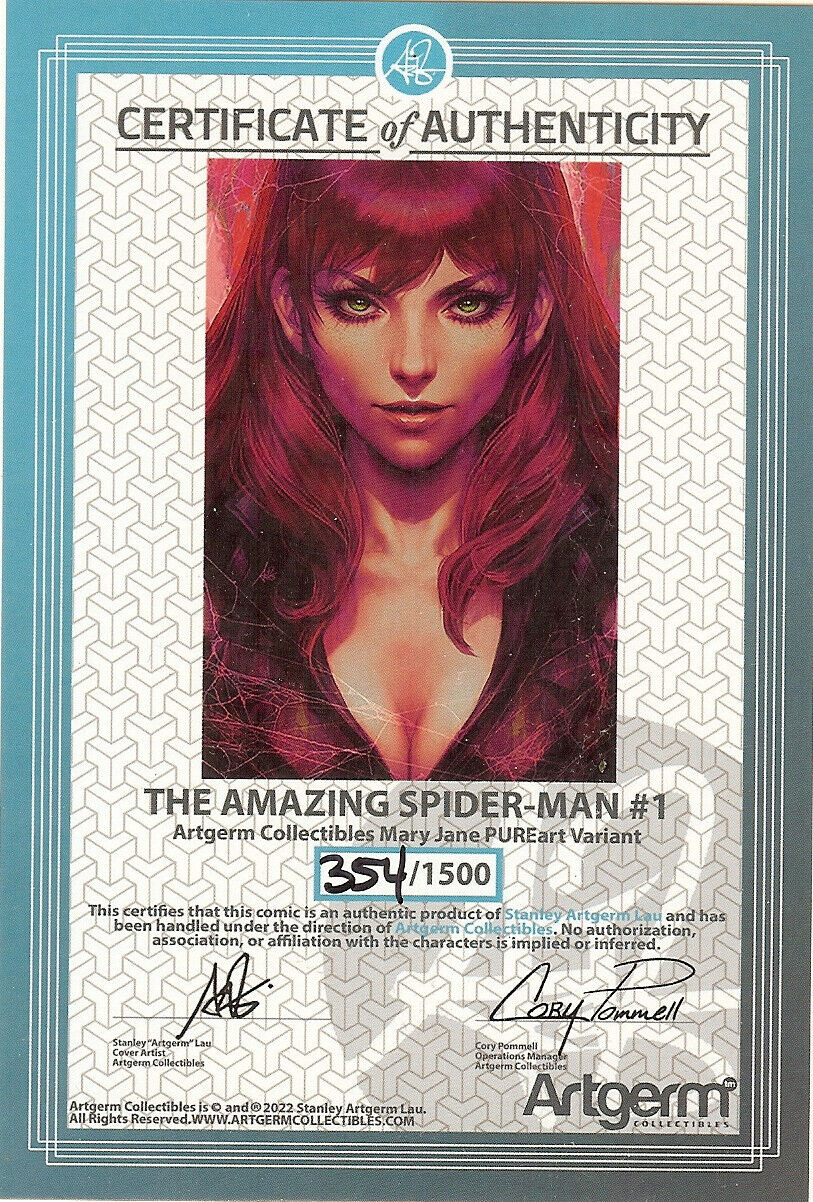 AMAZING SPIDERMAN 1 ARTGERM Mary Jane VIRGIN VARIANT NM STANLEY LAU CERTIFICATE