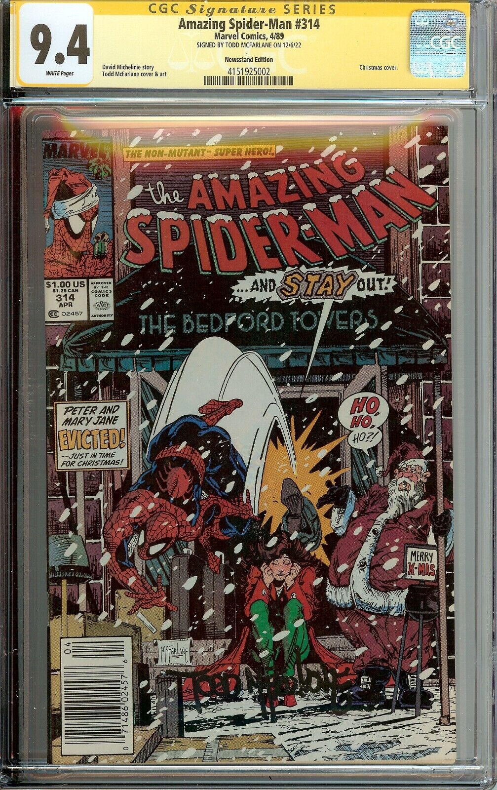 Amazing Spider-Man #314 CGC 9.4 Signed Todd McFarlane X-Mas