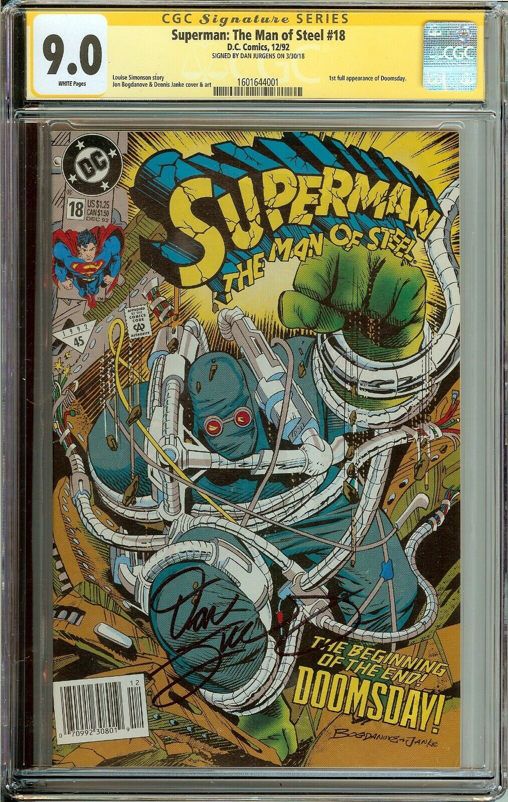 Superman Man of Steel #18 1st Doomsday Signed Dan Jurgens CGC 9.0