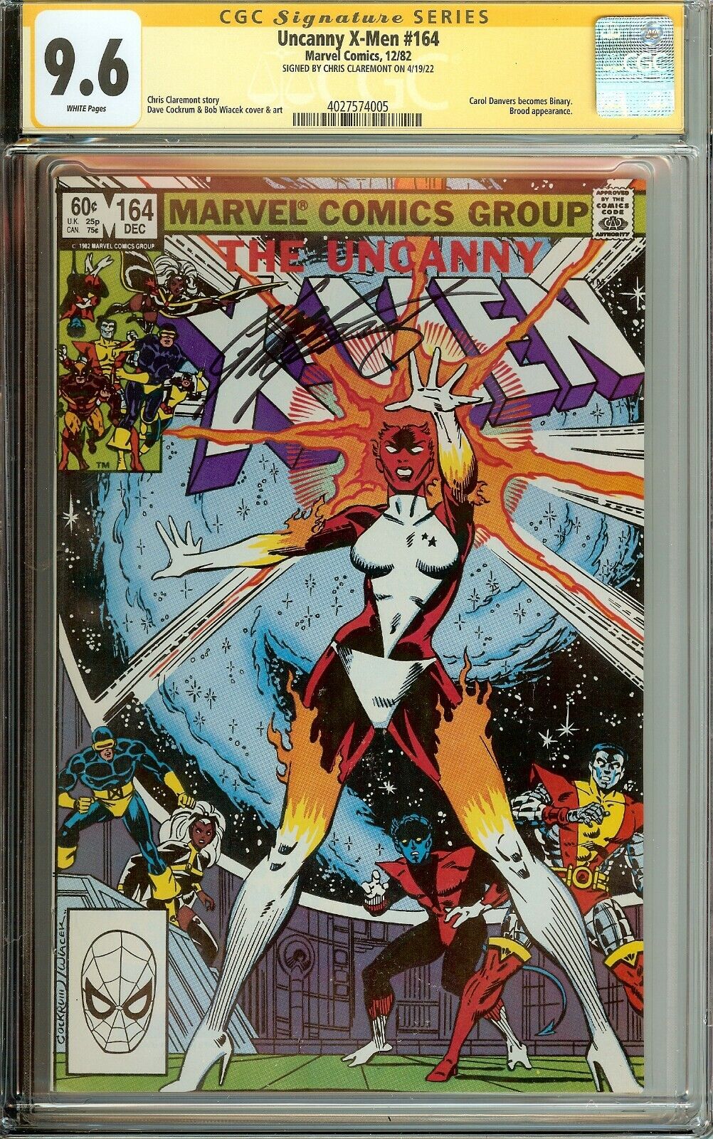 Uncanny X-Men #164 Signed Chris Claremont 1st Binary CGC 9.6