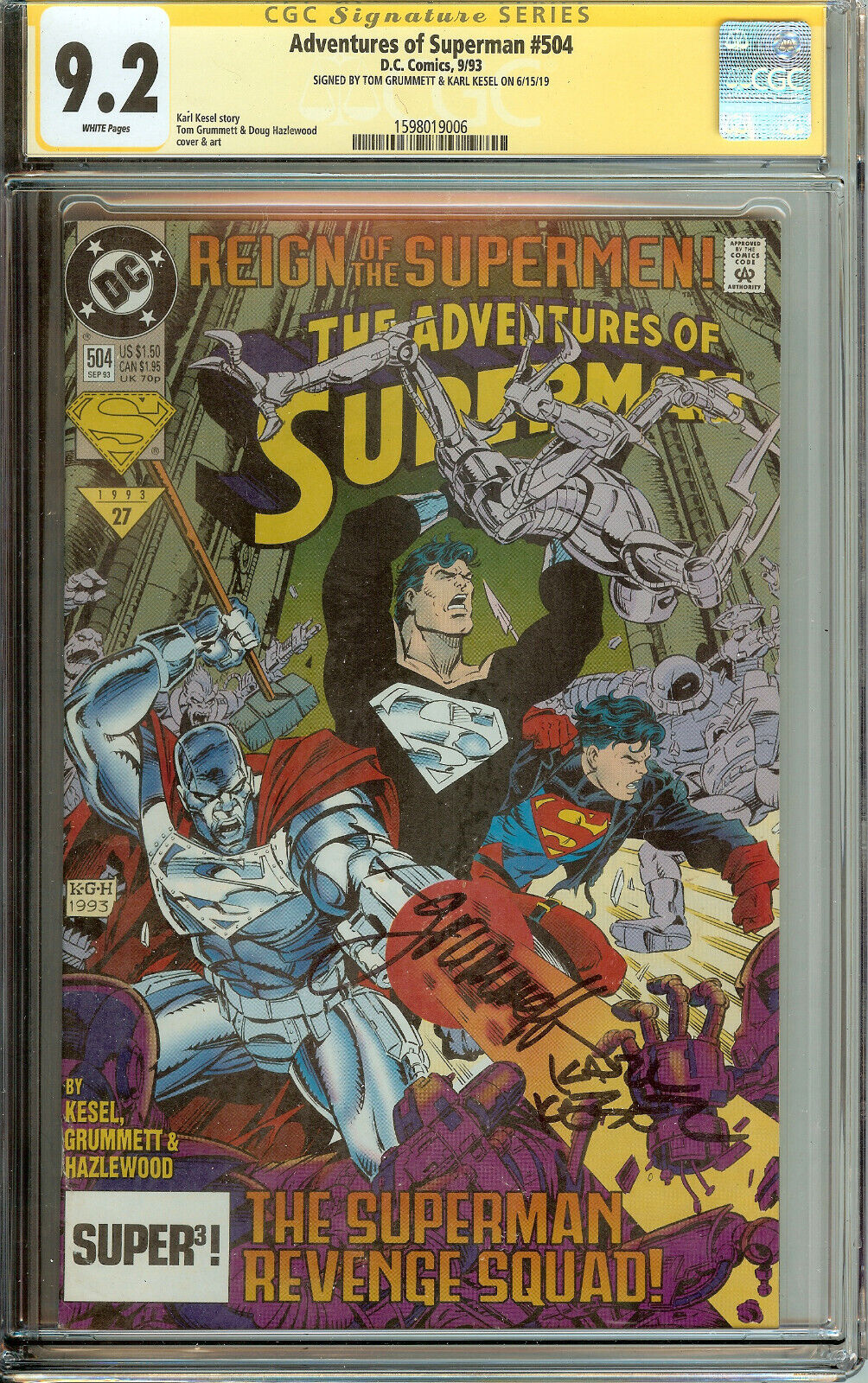 The Adventures of Superman #504 Signed Tom Grummett Karl Kesel CGC 9.2