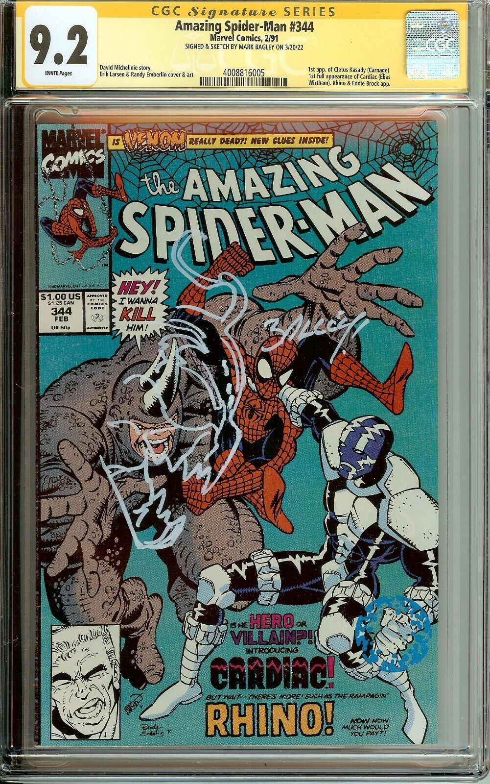 Amazing Spider-Man #344 1st Cletus Kasady Signed Bagley CGC 9.2