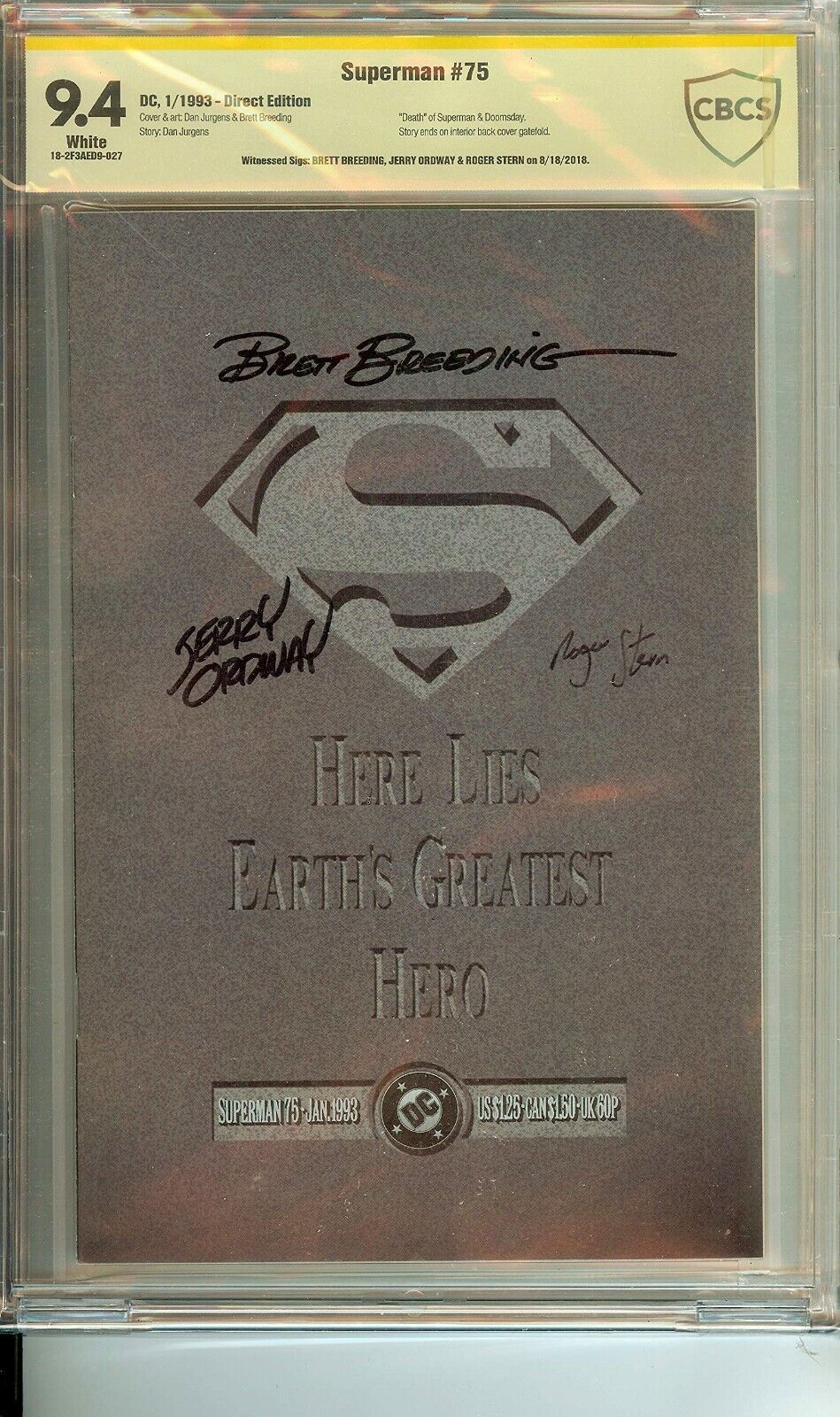 Superman #75 Direct Edition Signed Dan Jurgens Roger Stern Jerry Ordway CBCS 9.4