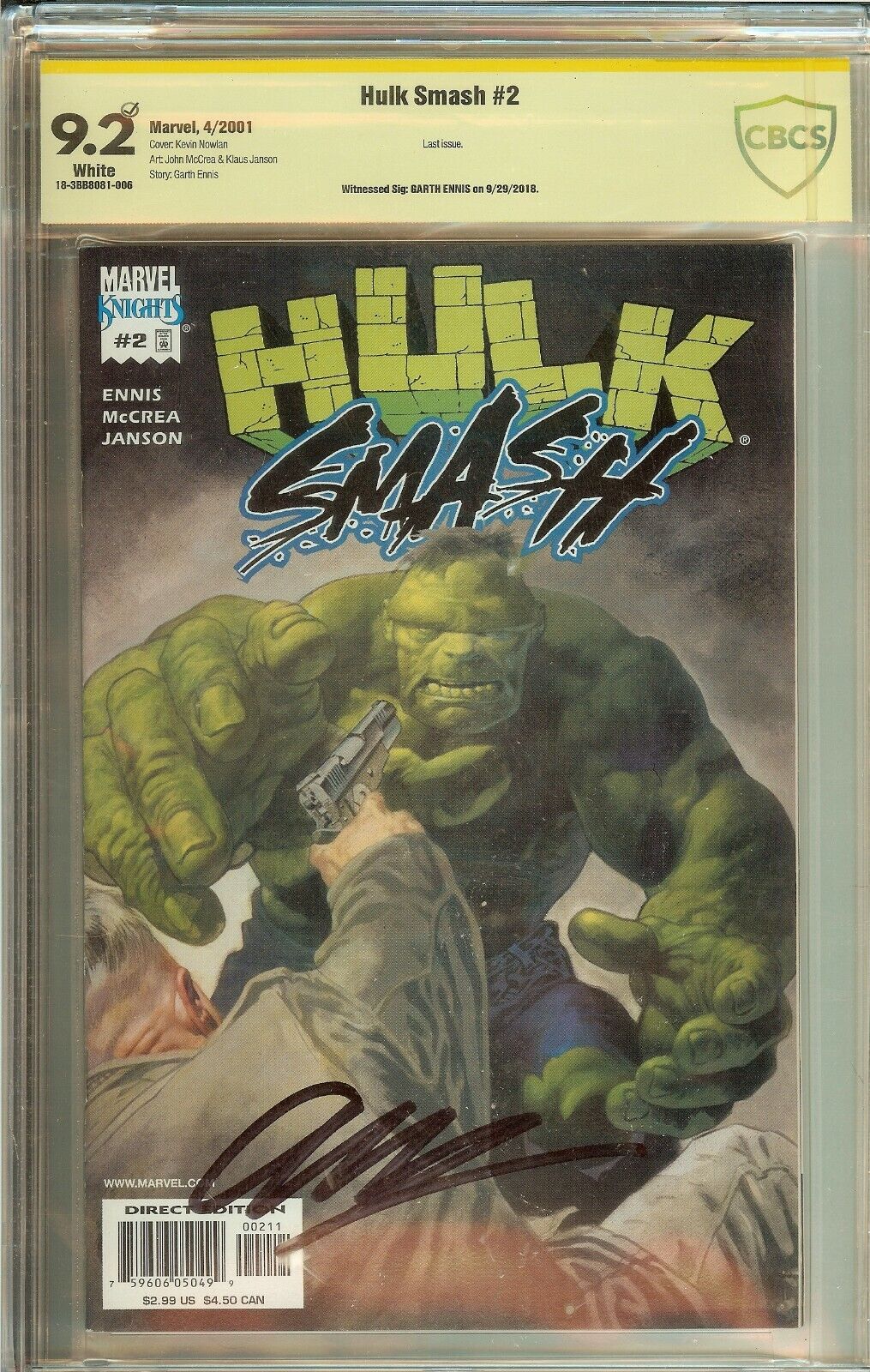 Hulk Smash #2 CBCS (not CGC) 9.2 Signed Garth Ennis