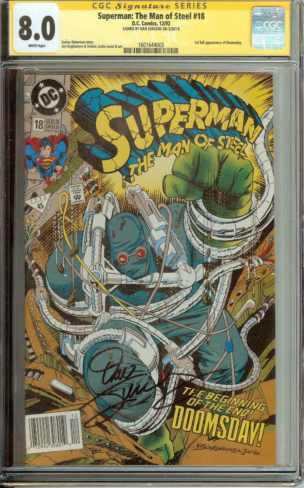 Superman Man of Steel #18 CGC 8.0 Signed Dan Jurgens