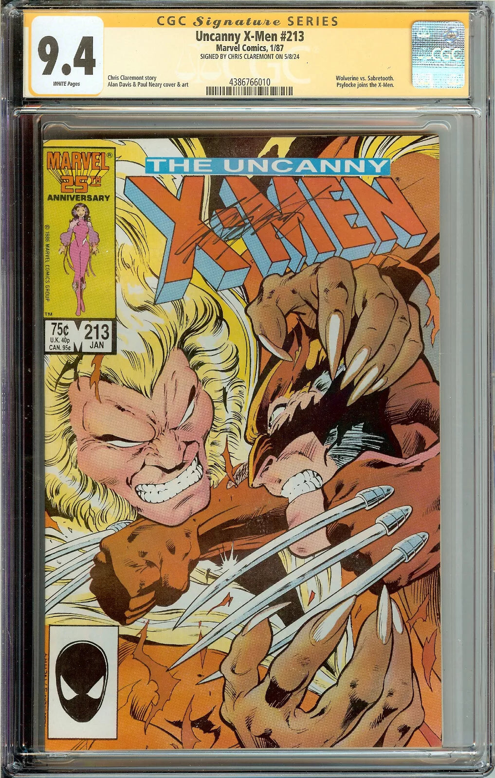 Uncanny X-Men #213 CGC 9.4 Signed Chris Claremont