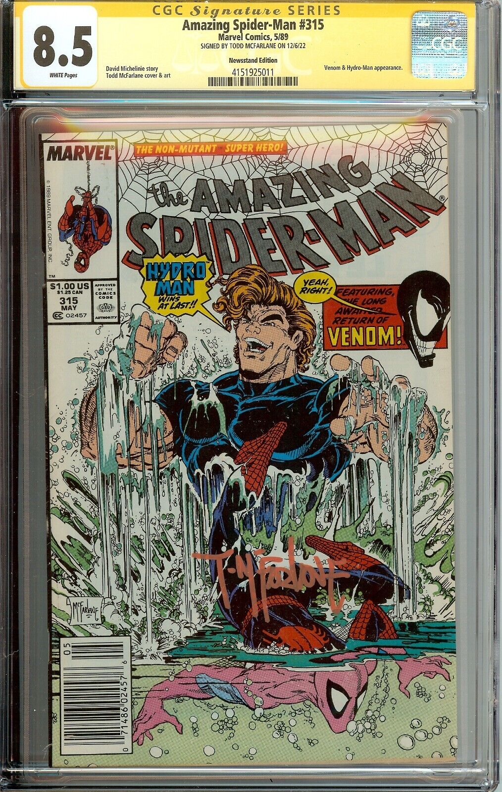 Amazing Spider-Man #315 CGC 8.5 Signed Todd McFarlane Newsstand Venom