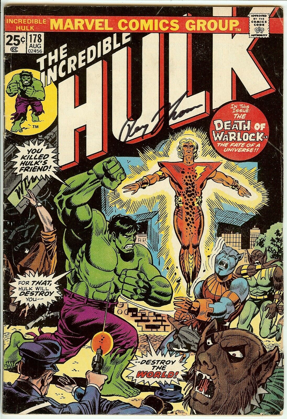 The Incredible Hulk #178 VG Adam Warlock Signed Roy Thomas