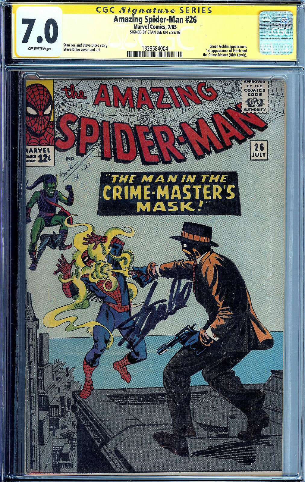 Amazing Spider-Man #26 1st Patch and Crime-Master Signed Stan Lee CGC 7.0