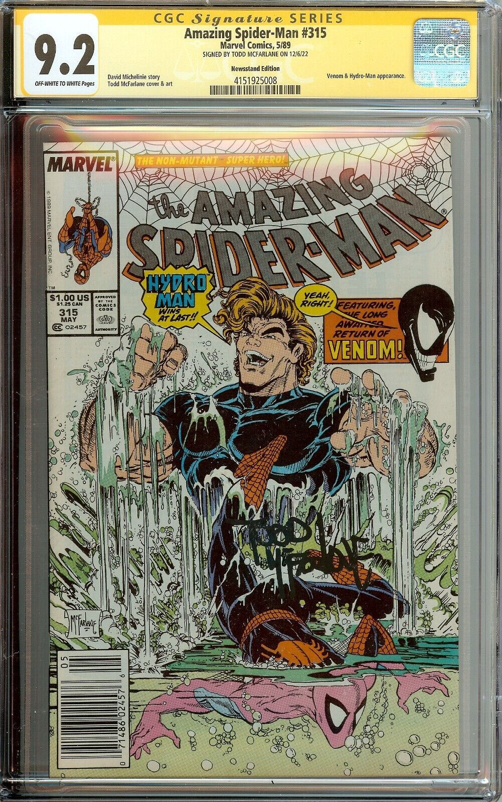 Spider-Man #315 CGC 9.2 Newsstand Signed Todd McFarlane 1st Venom on Cover