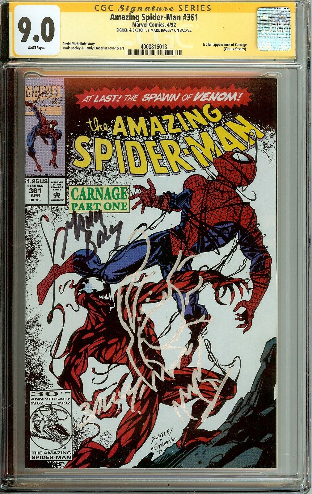 Amazing Spider-Man #361 Signed Sketched Bagley 1st Carnage CGC 9.0