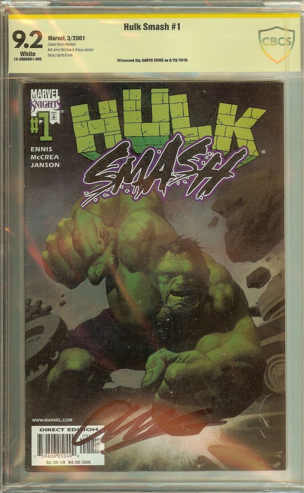 Hulk Smash #1 CBCS (not CGC) 9.2 Signed Garth Ennis