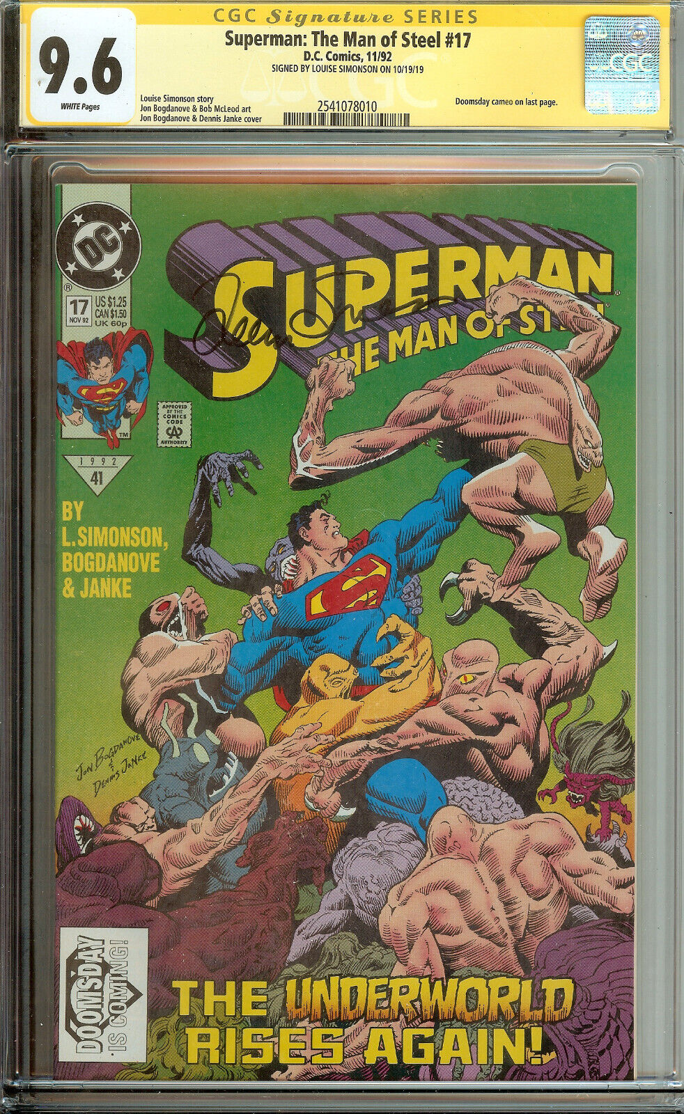 Superman Man of Steel #17 1st Doomsday (Cameo) Signed Louise Simonson CGC 9.6