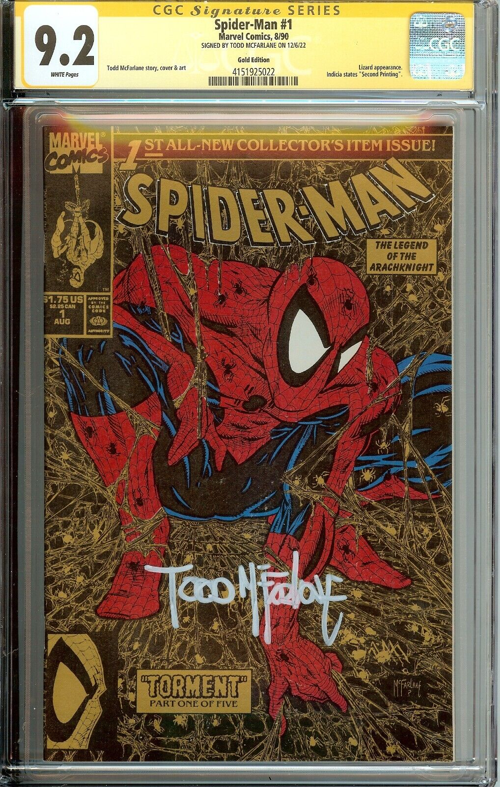 Spider-Man #1 Gold Variant CGC 9.2 Signed Todd McFarlane