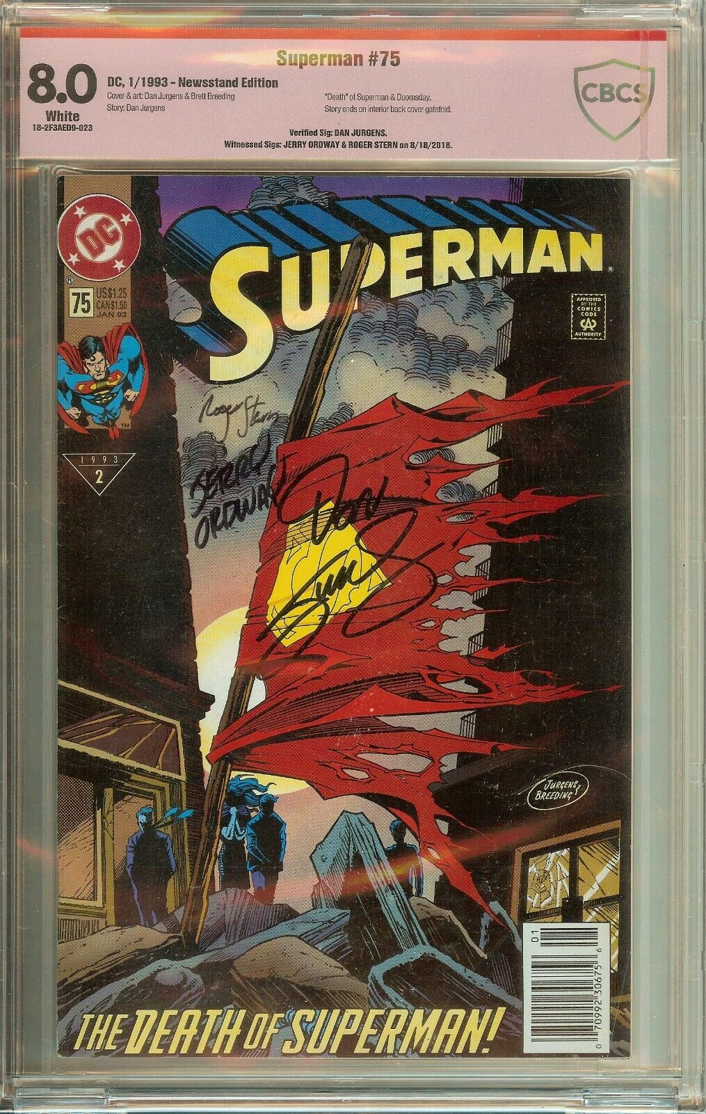 Superman #75 Newsstand Signed Dan Jurgens Roger Stern Jerry Ordway CBCS 8.0