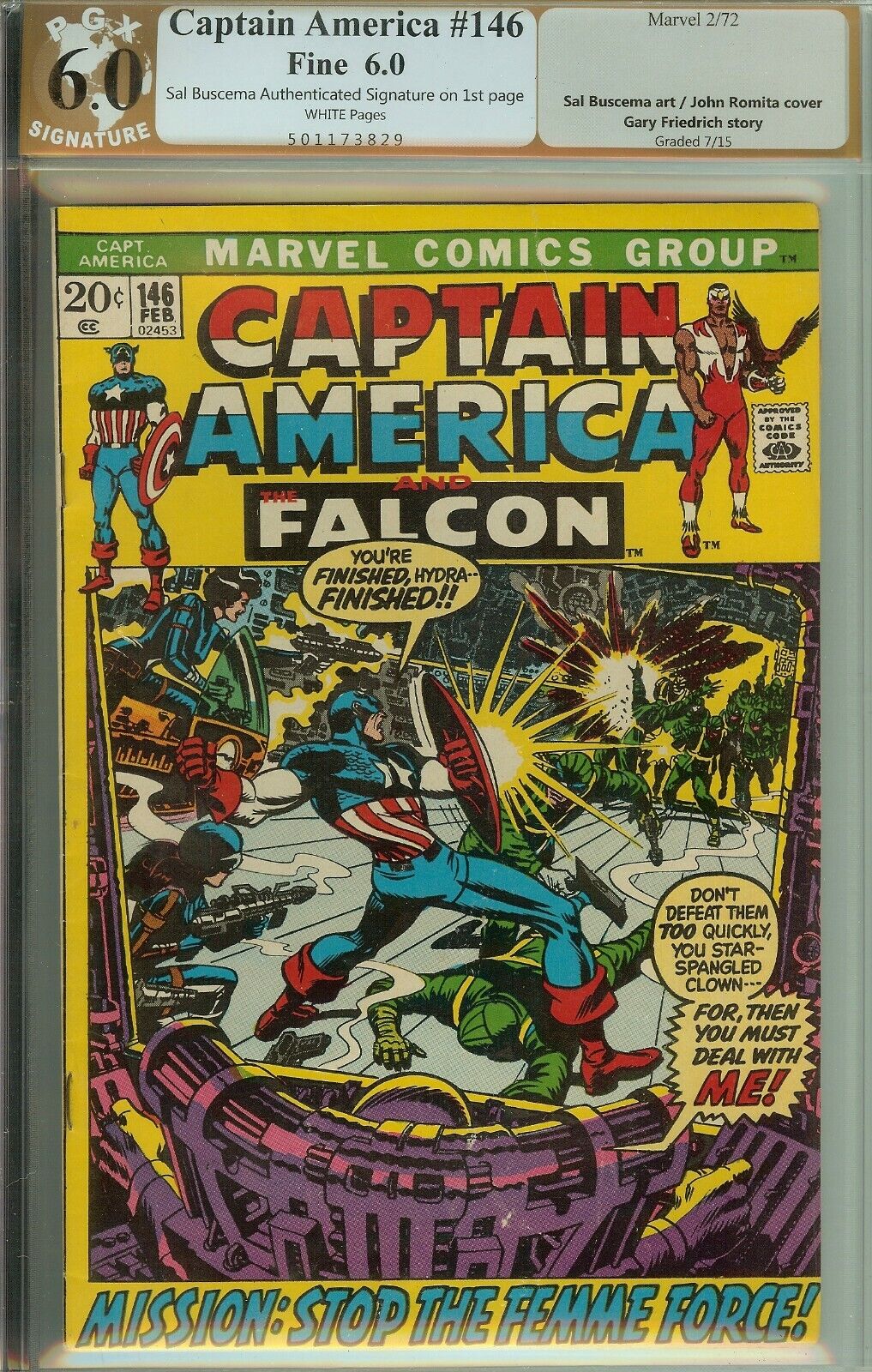 Captain America and Falcon #146 PGX 6.0 Signed Sal Buscema