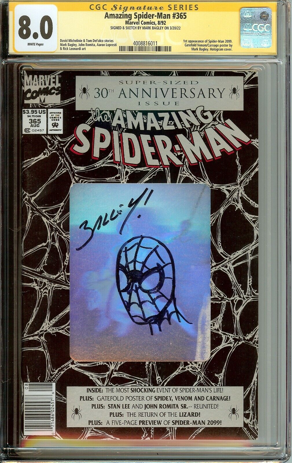 Amazing Spider-Man #365 1st App Spider-Man 2099 Signed Bagley CGC 8.0