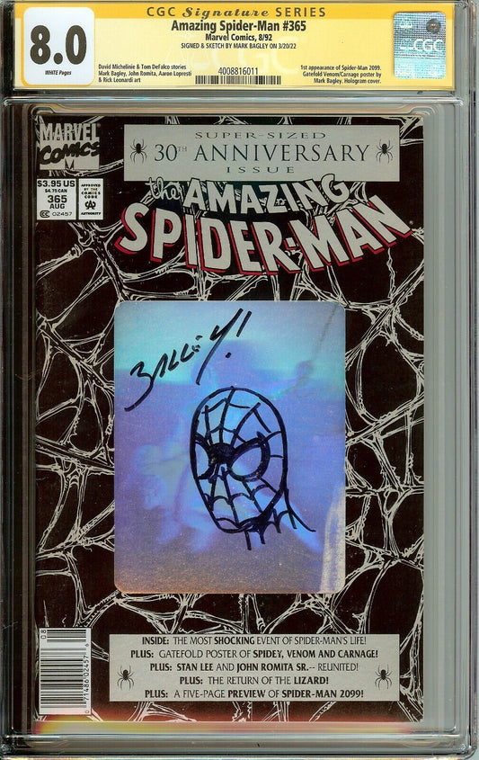 Amazing Spider-Man #365 1st App Spider-Man 2099 Signed Bagley CGC 8.0