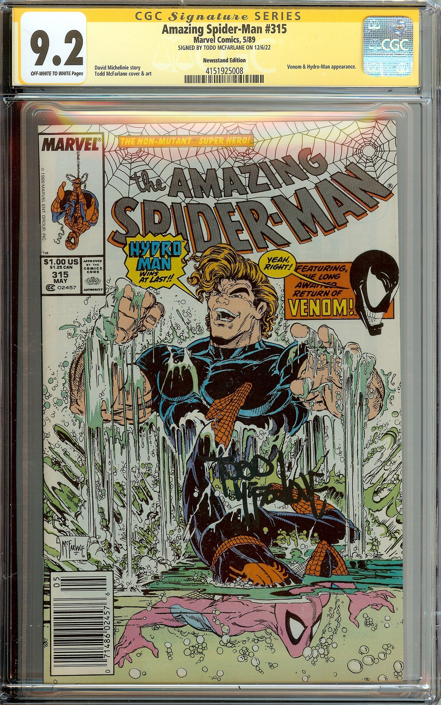 Amazing Spider-Man #315 Newsstand Edition CGC 9.2 Signed Todd McFarlane