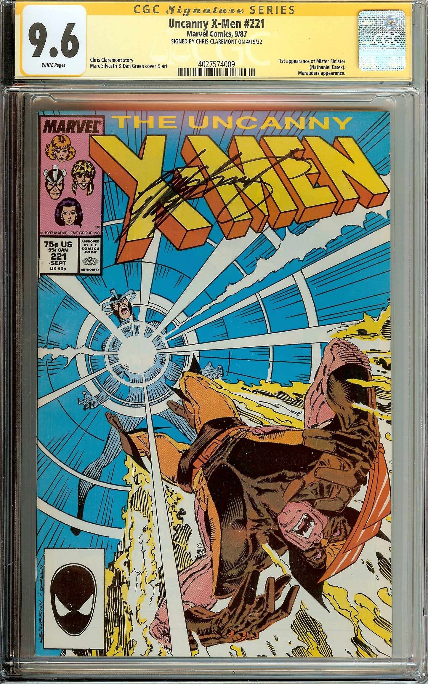 Uncanny X-Men #221 Mister Sinister Pryor CGC 9.6 Signed Chris Claremont